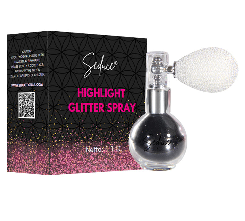 Seduce® highlight glitter spray in de kleur zwart. voor het aanbrengen van een glitter uitloop, full glitter of inlay