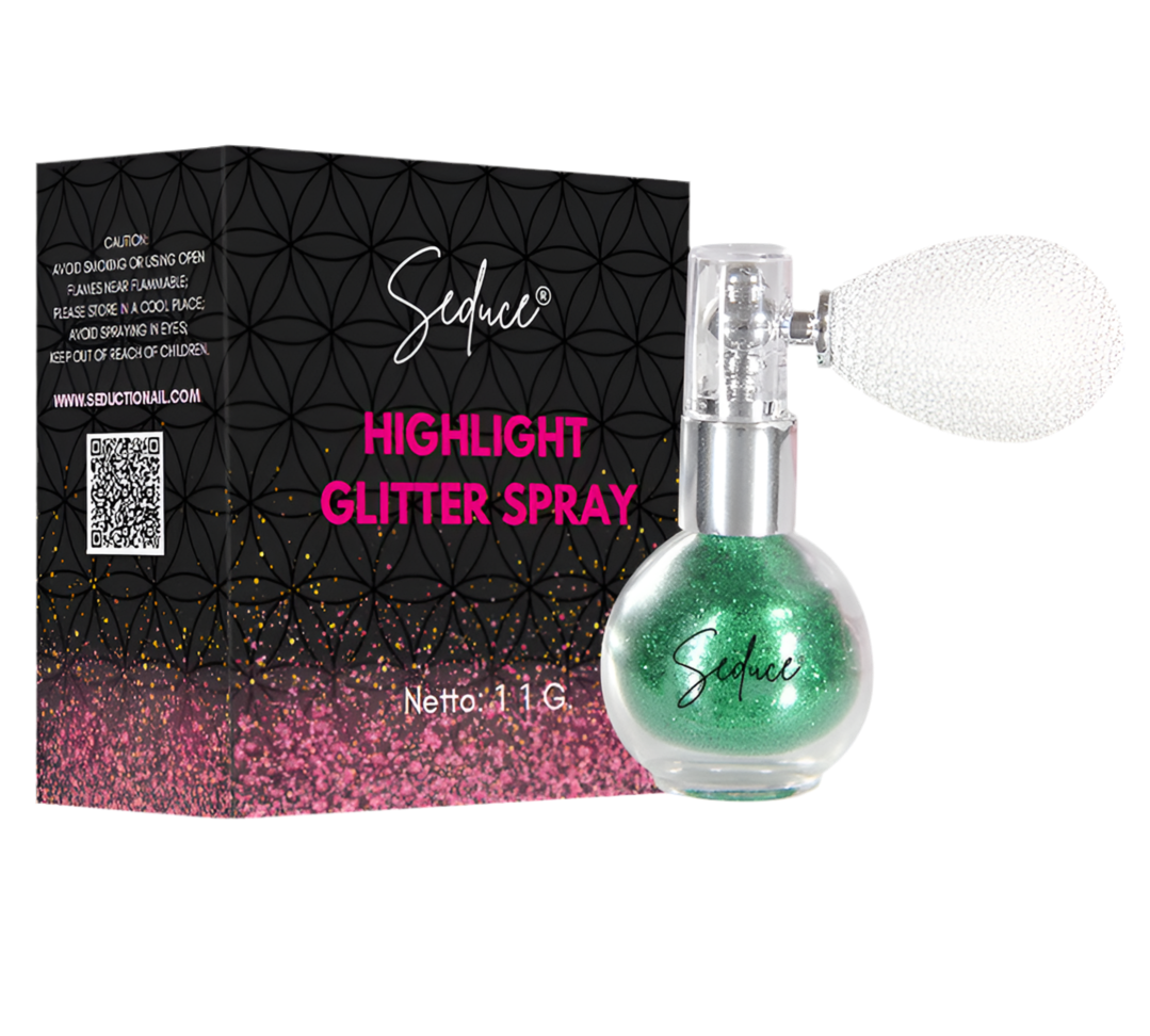 Seduce® highlight glitter spray in de kleur groen voor een glitter uitloopt, full glitter of een inlay