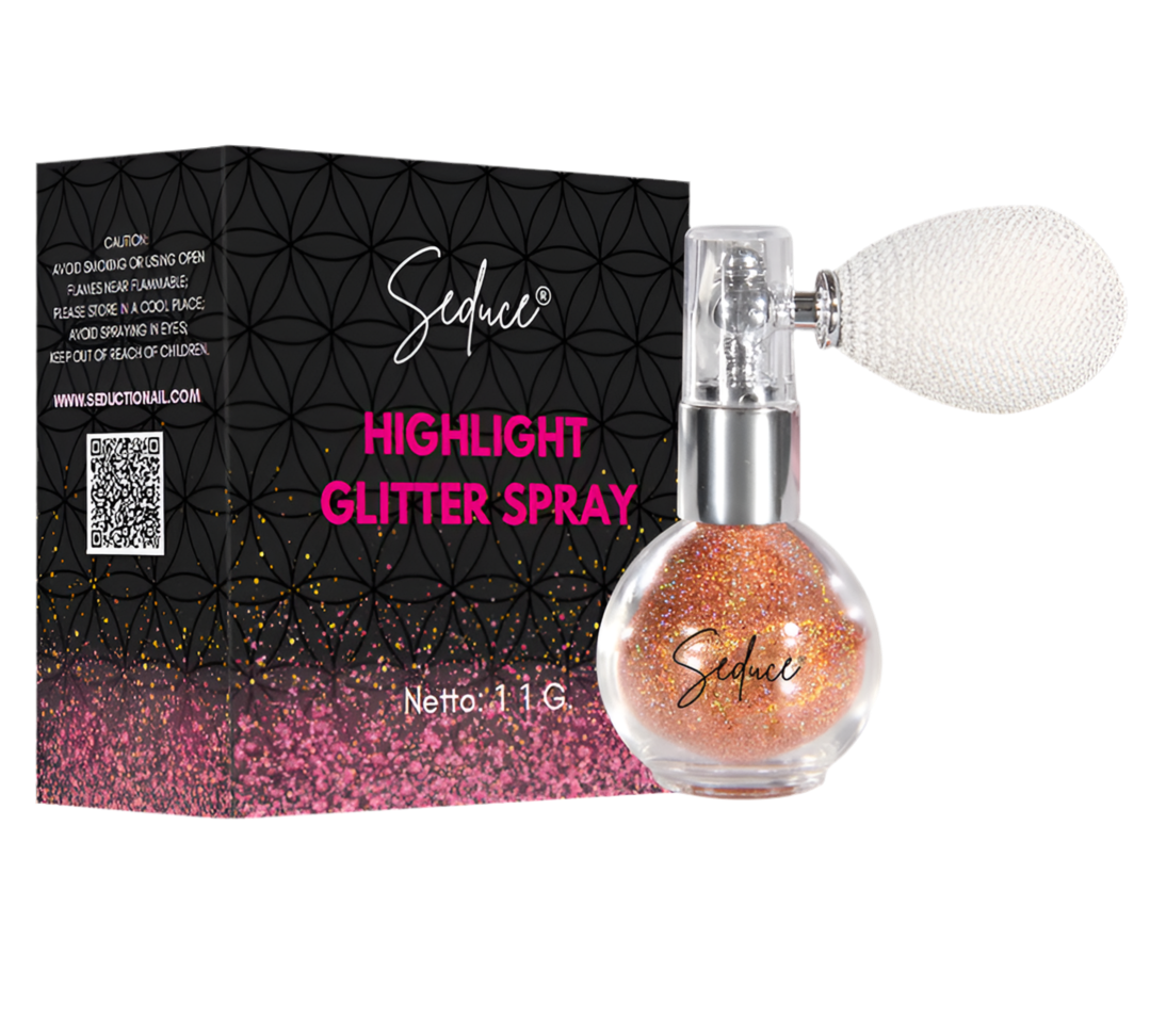 Seduce® highlight glitter spray in de kleur holographic copper voor een full glitter, glitter uitloop of inlay
