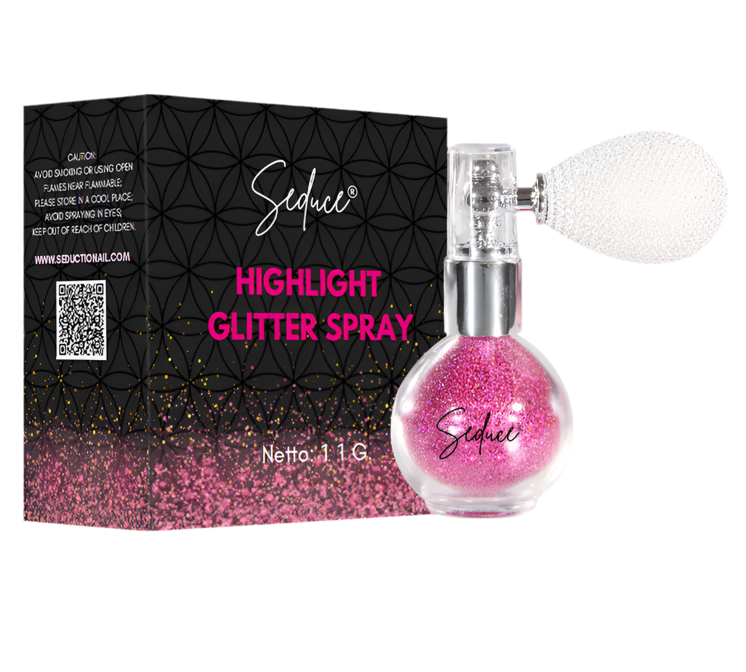 Seduce® highlight glitter spray in de kleur holographic pink voor een glitter uitloopt, full glitter of inlay
