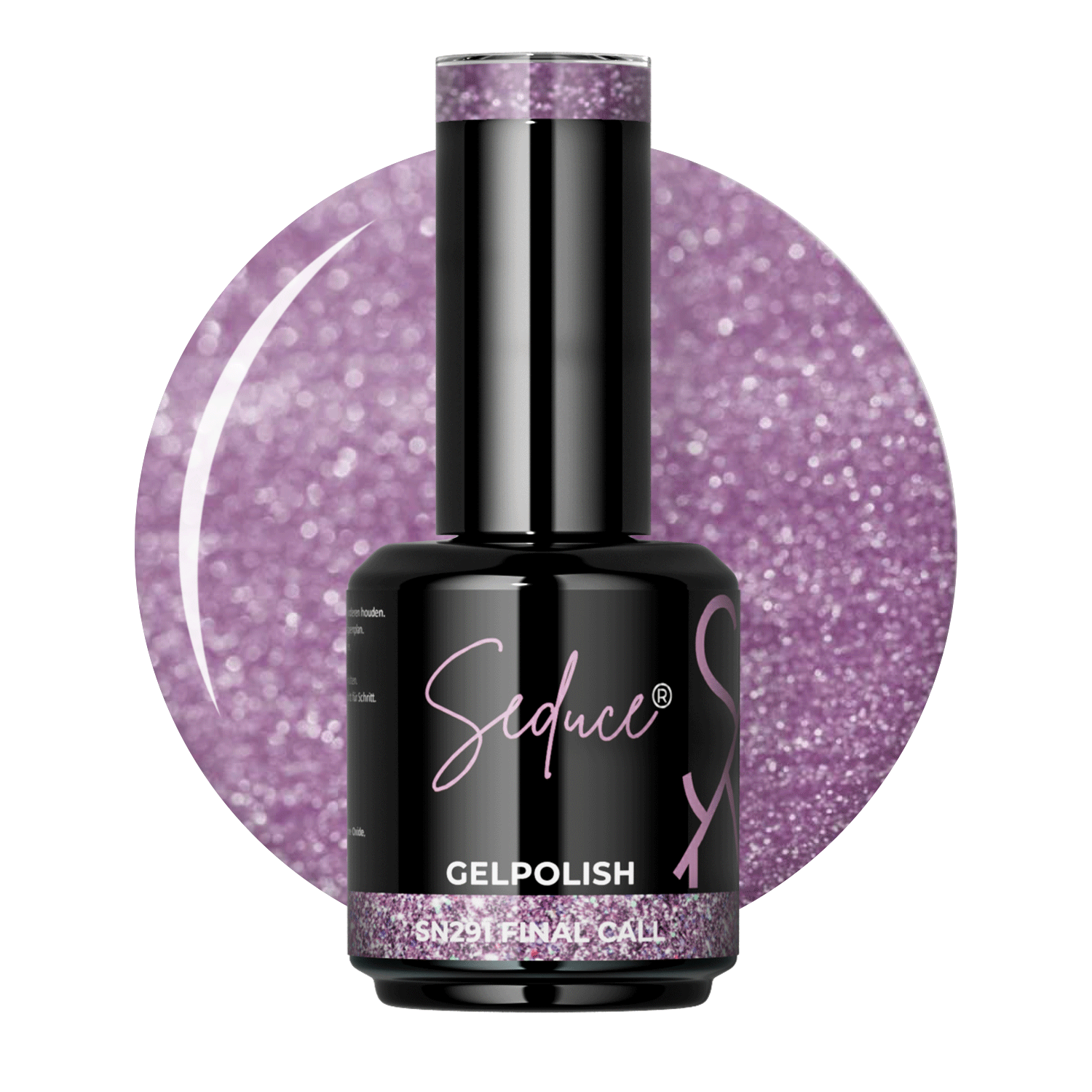 Flesje Seduce Gelpolish SN291 Final Call naast een zachte paarse colordrop met fijne holografische glitter
