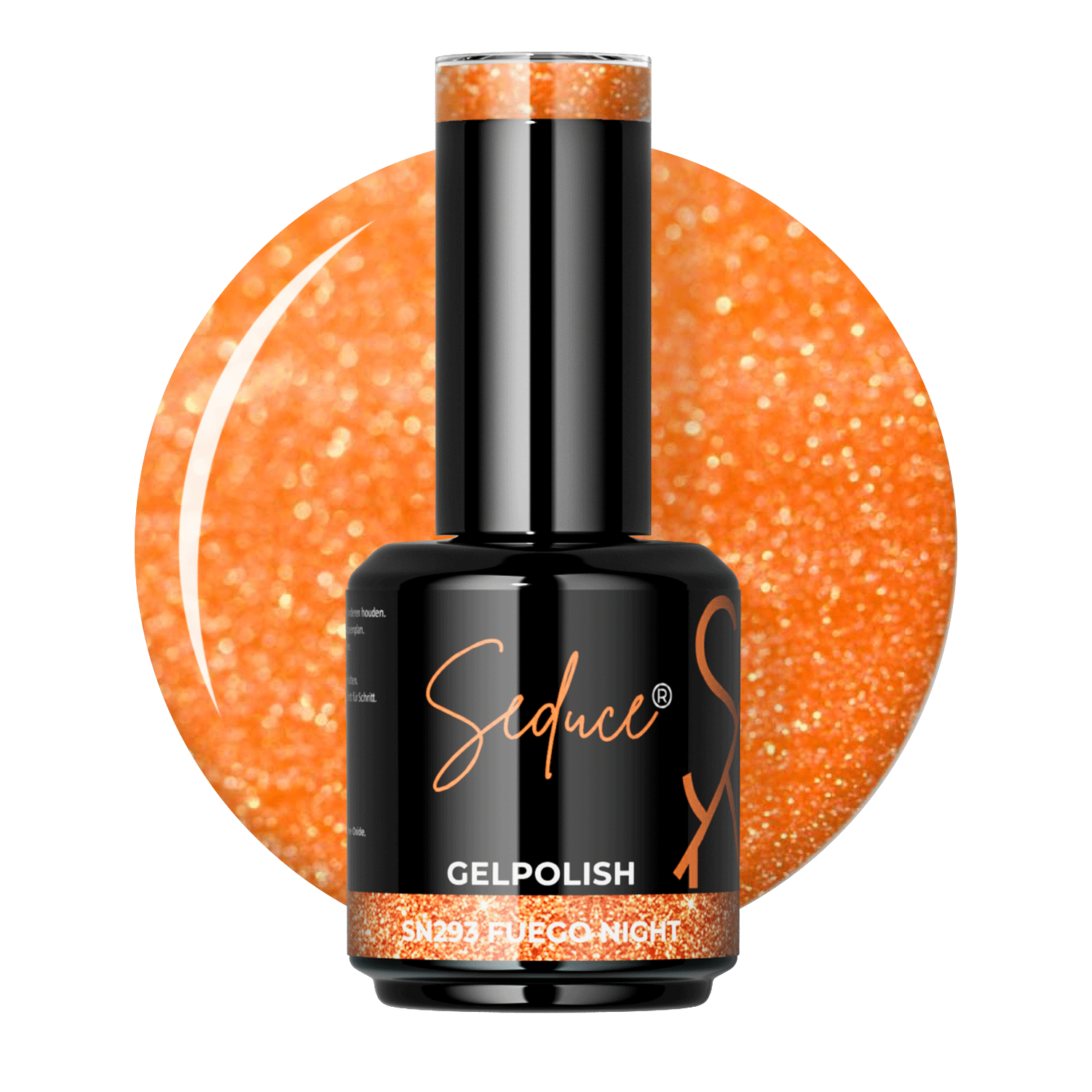 Seduce® Gelpolish Fuego Night SN293 warme oranje colordrop met glitter effect en flesje op witte achtergrond
