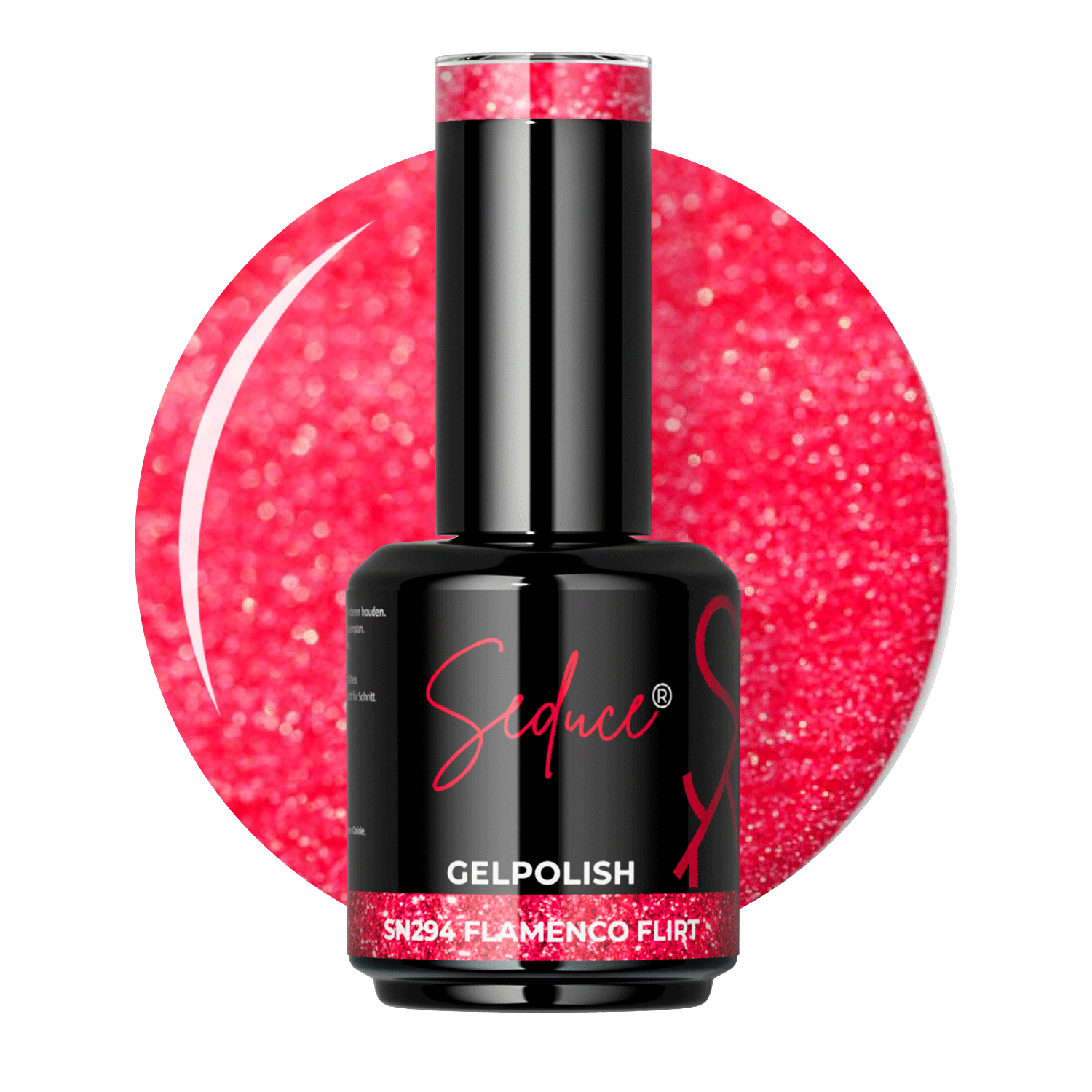 Seduce® Gelpolish Flamenco Flirt SN294 opvallende rode colordrop met glitter effect en flesje op witte achtergrond
