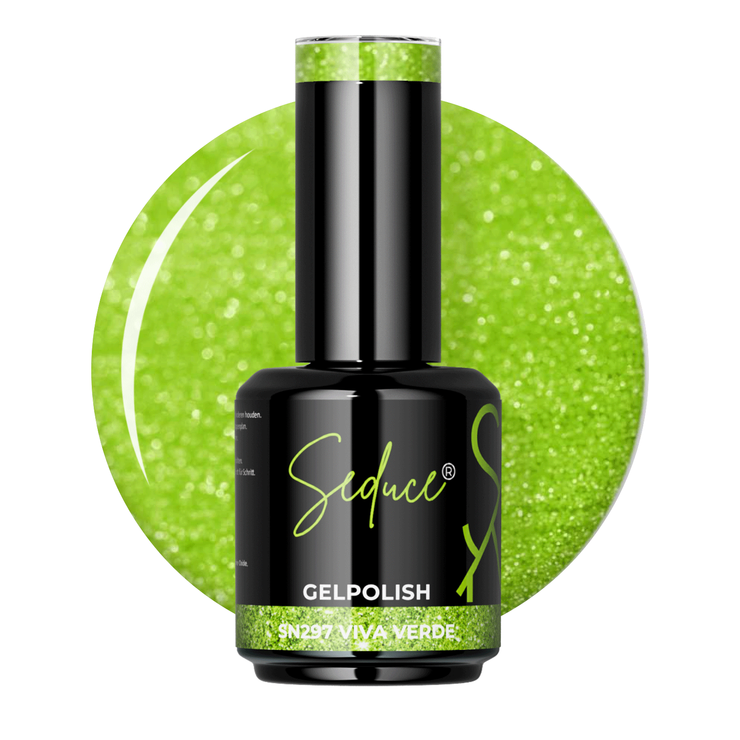 Seduce Gelpolish Viva Verde SN297 levendige groene colordrop met glitter effect en flesje op witte achtergrond