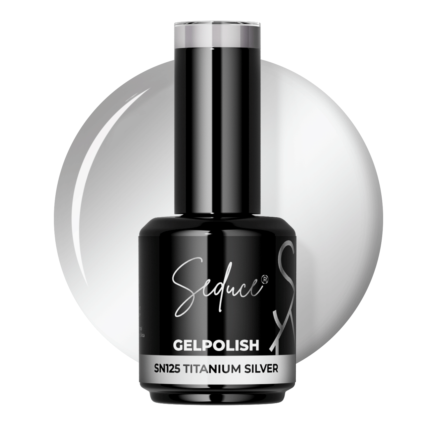 Seduce® gelpolish zilveren titanium base lak. Kan onder de lakjes 117 t/m 124 als je een spiegeleffect wil creëren. Zonder deze basis zijn de lakjes transparant. 