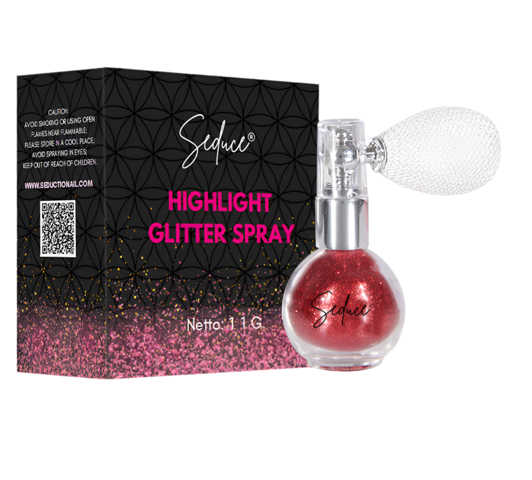 Seduce® highlight glitter spray in de kleur rood voor een glitter uitloopt, full glitter of een inlay