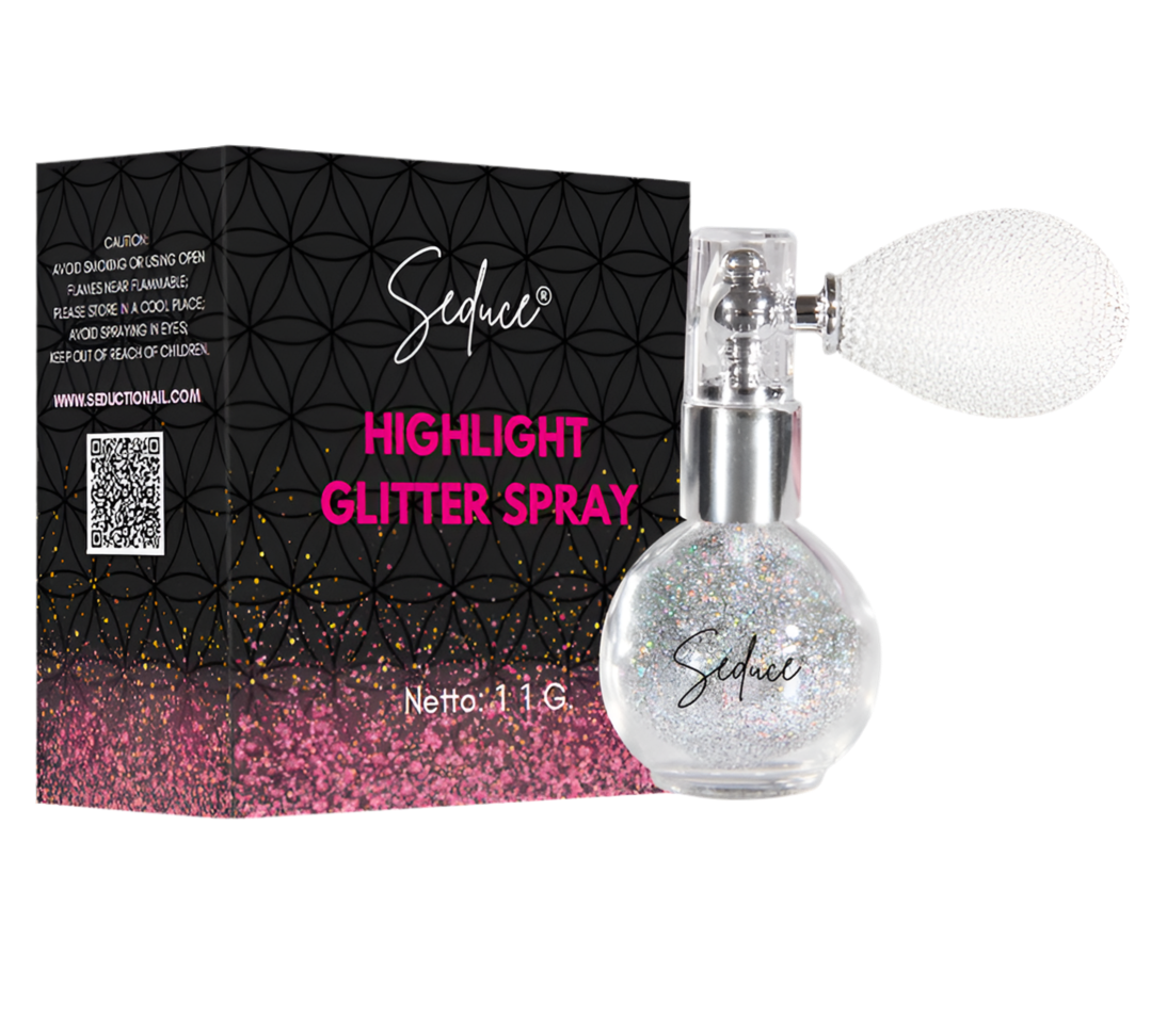 Seduce® highlight glitter spray in de kleur holographic zilver voor een full glitter, glitter uitloop of een inlay